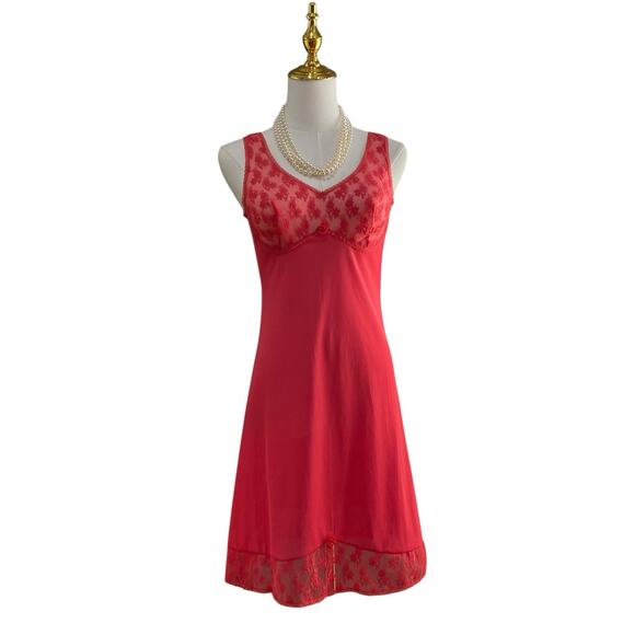 Vintage 60s Germany Triumph Int. Coral Nylon & Lace Mini Slip Dress Women Size S - Picture 4 of 11